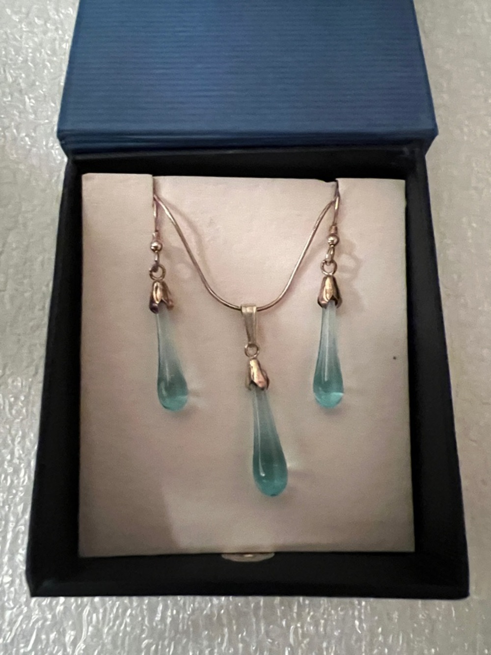 Bath Aqua Glass Sterling Silver Plain Drop Earrings and Pendant, New In Box